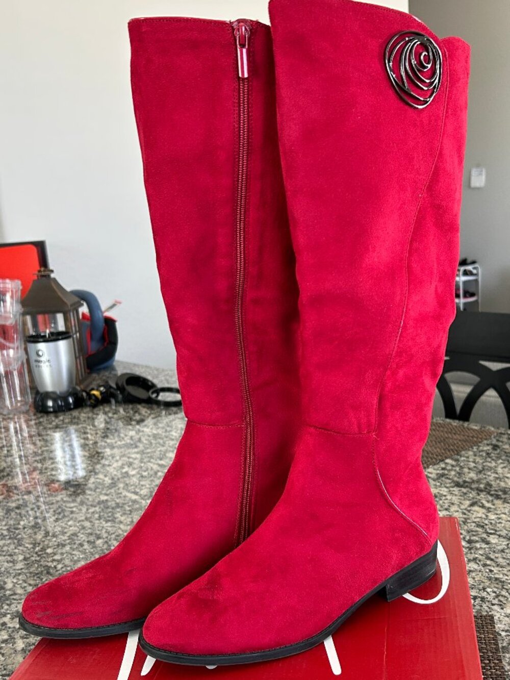 IMPO "Alexia" Red Suede Knee-High Boots with Rose Hardware - Size 8